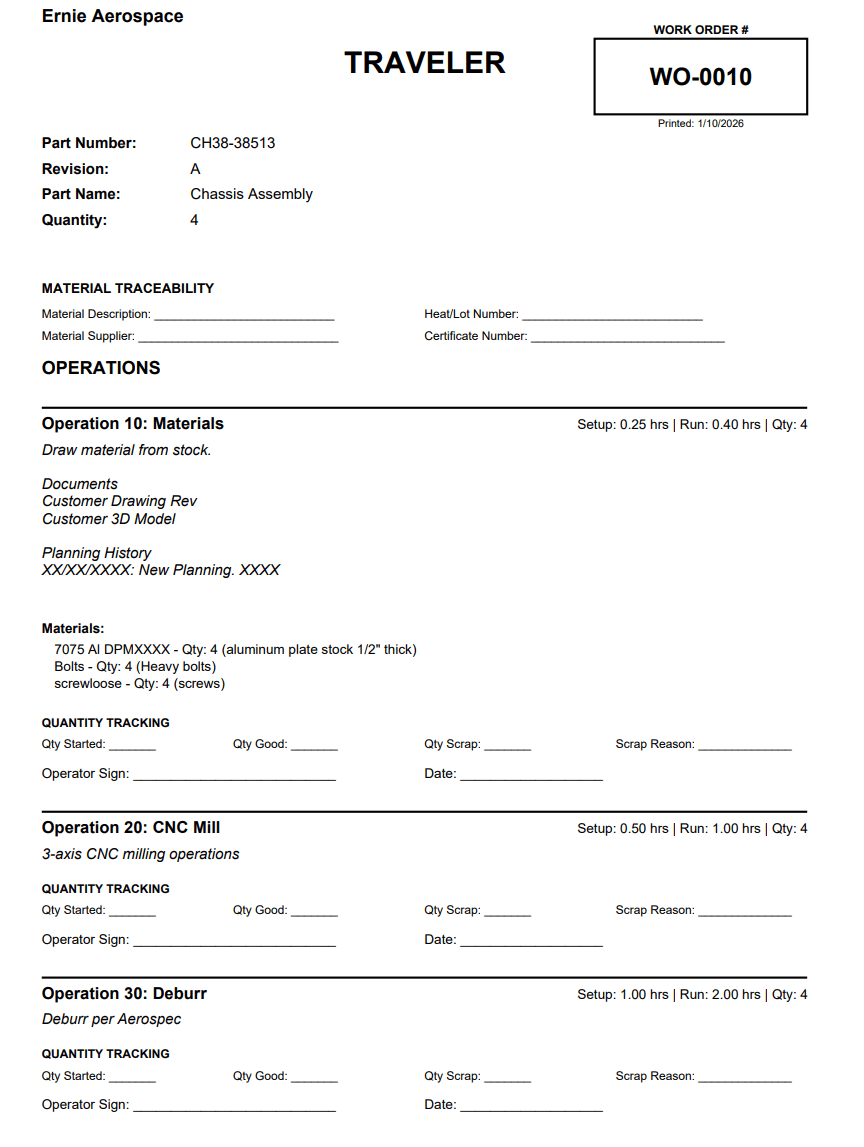 Professional Shop Traveler Document